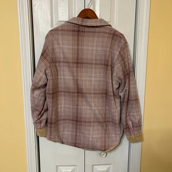 Love Tree Women's Tan Corduroy Pink Flannel Reversible Shacket Pockets XL - Picture 5 of 7